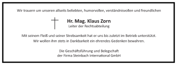 Traueranzeige von Klaus Zorn von OÖNachrichten