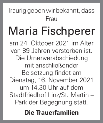 Traueranzeige von Maria Fischperer von OÖNachrichten