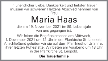Traueranzeige von Maria Haas von OÖNachrichten