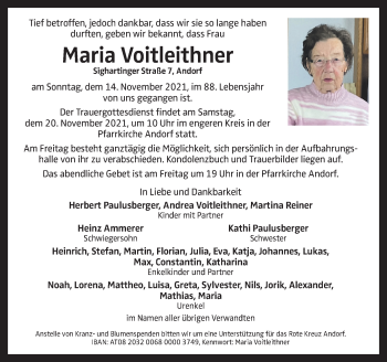 Traueranzeige von Maria Voitleithner von OÖNachrichten