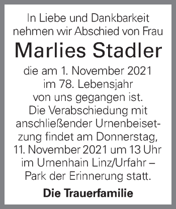 Traueranzeige von Marlies Stadler von OÖNachrichten