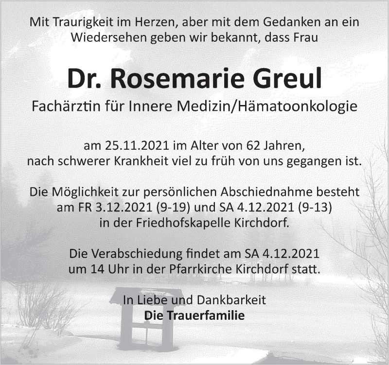  Traueranzeige für Rosemarie Greul vom 30.11.2021 aus OÖNachrichten
