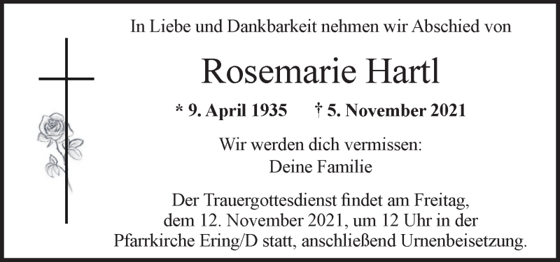  Traueranzeige für Rosemarie Hartl vom 11.11.2021 aus OÖNachrichten