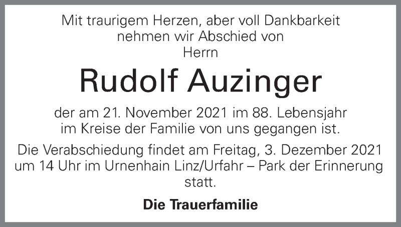  Traueranzeige für Rudolf Auzinger vom 30.11.2021 aus OÖNachrichten