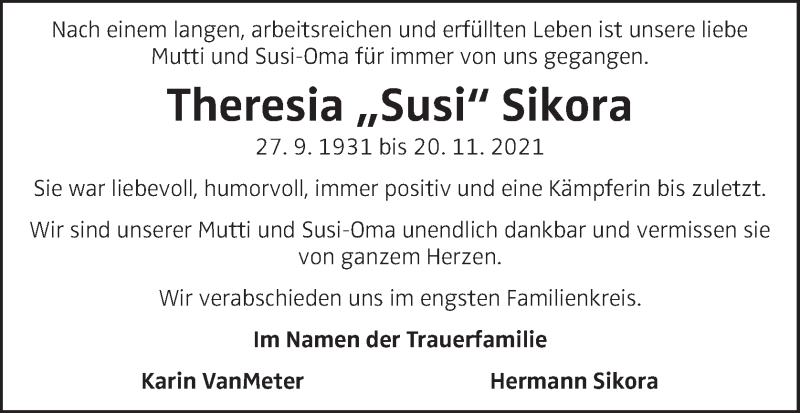  Traueranzeige für Theresia  Sikora vom 27.11.2021 aus OÖNachrichten