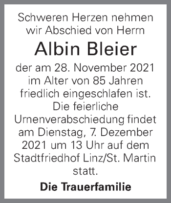 Traueranzeige von Albin Bleier von OÖNachrichten