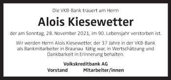 Traueranzeige von Alois Kiesewetter von OÖNachrichten