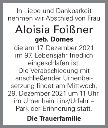 Traueranzeige von Aloisia Foißner von OÖNachrichten