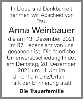 Traueranzeige von Anna Weinbauer von OÖNachrichten
