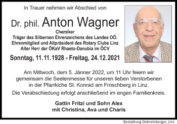 Traueranzeige von Anton Wagner von OÖNachrichten