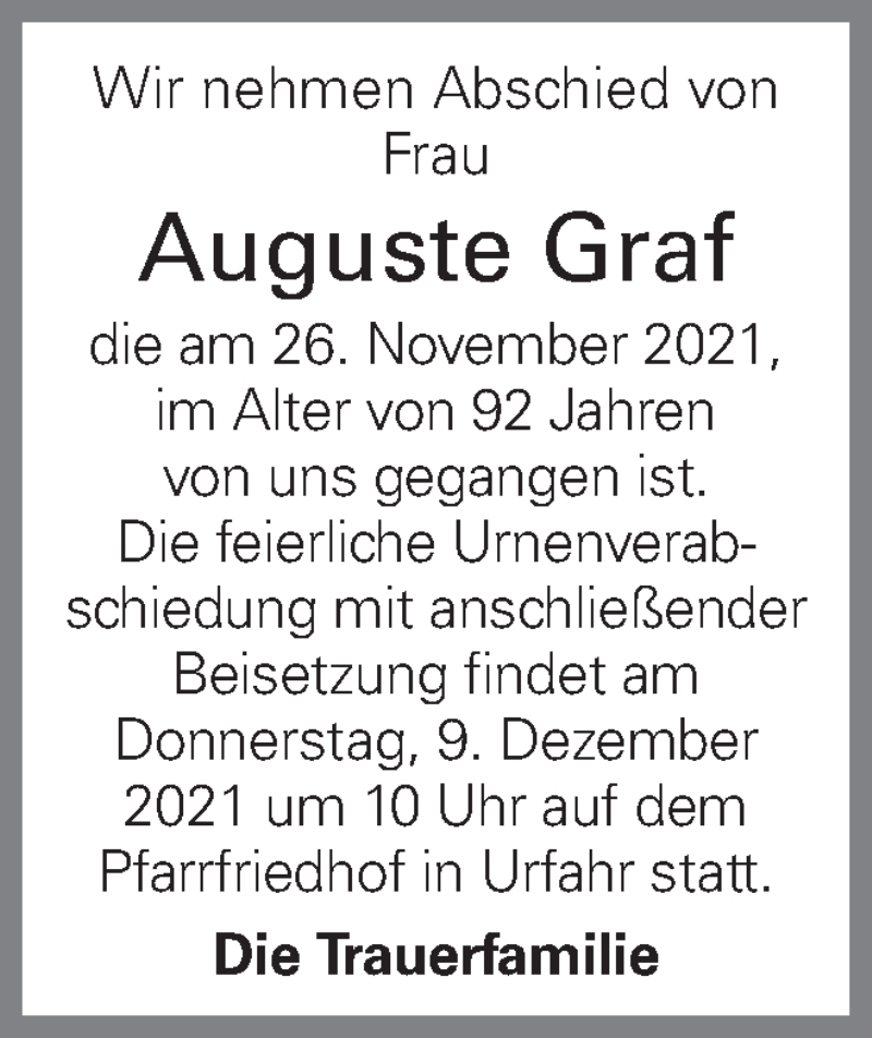  Traueranzeige für Auguste Graf vom 04.12.2021 aus OÖNachrichten