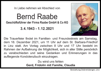 Traueranzeige von Bernd Raabe von OÖNachrichten