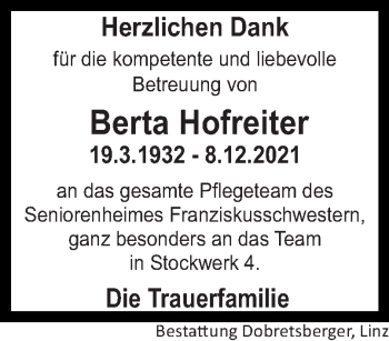 Traueranzeige von Berta Hofreiter von OÖNachrichten