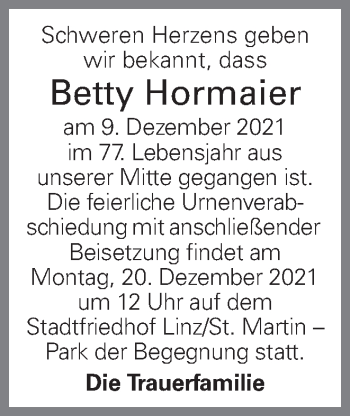 Traueranzeige von Betty Hormaier von OÖNachrichten
