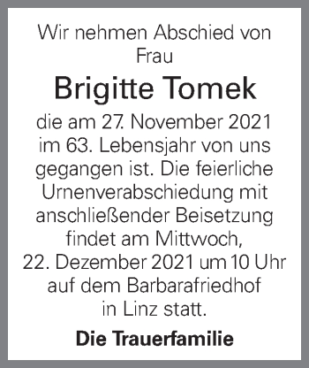 Traueranzeige von Brigitte Tomek von OÖNachrichten