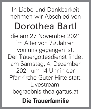 Traueranzeige von Dorothea Bartl von OÖNachrichten