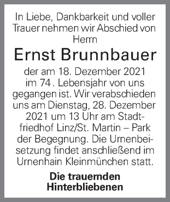 Traueranzeige von Ernst Brunnbauer von OÖNachrichten