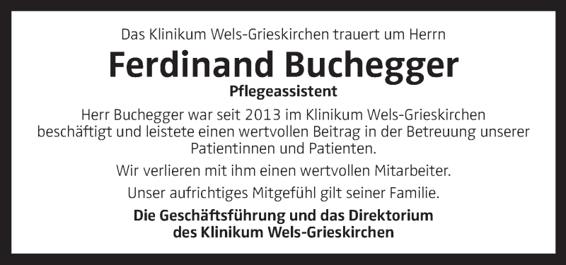  Traueranzeige für Ferdinand Buchegger vom 22.12.2021 aus OÖNachrichten