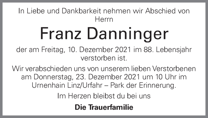  Traueranzeige für Franz Danninger vom 18.12.2021 aus OÖNachrichten