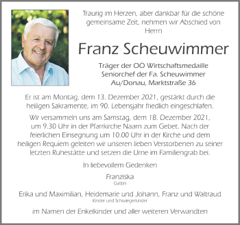 Traueranzeige von Franz Scheuwimmer von OÖNachrichten