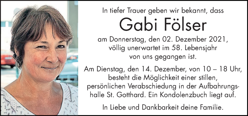  Traueranzeige für Gabi Fölser vom 10.12.2021 aus OÖNachrichten
