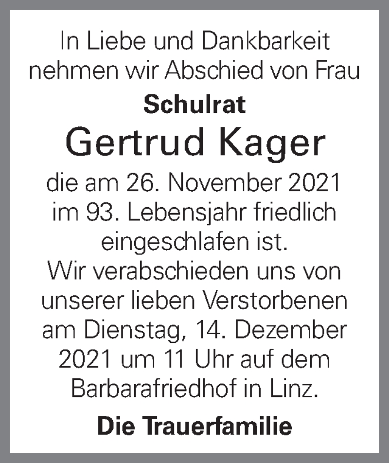  Traueranzeige für Gertrud Kager vom 10.12.2021 aus OÖNachrichten