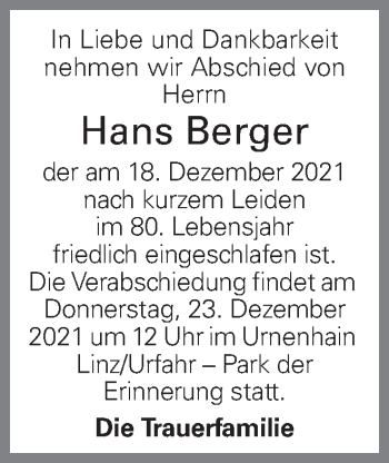 Traueranzeige von Hans Berger von OÖNachrichten