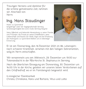 Traueranzeige von Hans Staudinger von OÖNachrichten
