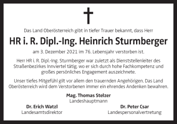 Traueranzeige von Heinrich Sturmberger von OÖNachrichten