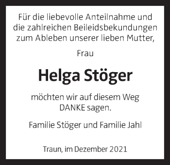 Traueranzeige von Helga Stöger von OÖNachrichten