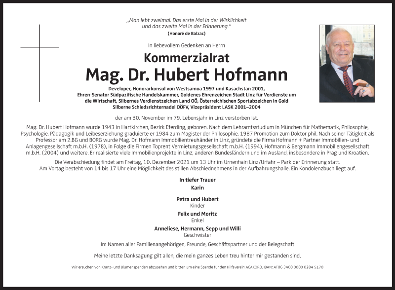  Traueranzeige für Hubert Hofmann vom 04.12.2021 aus OÖNachrichten