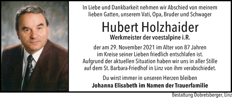  Traueranzeige für Hubert Holzhaider vom 04.12.2021 aus OÖNachrichten