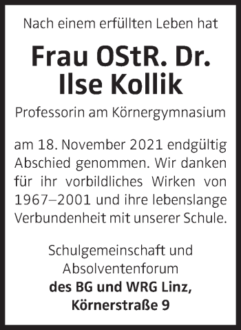 Traueranzeige von Ilse Kollik von OÖNachrichten