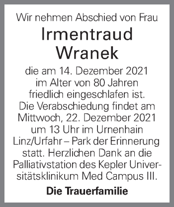 Traueranzeige von Irmentraud Wranek von OÖNachrichten