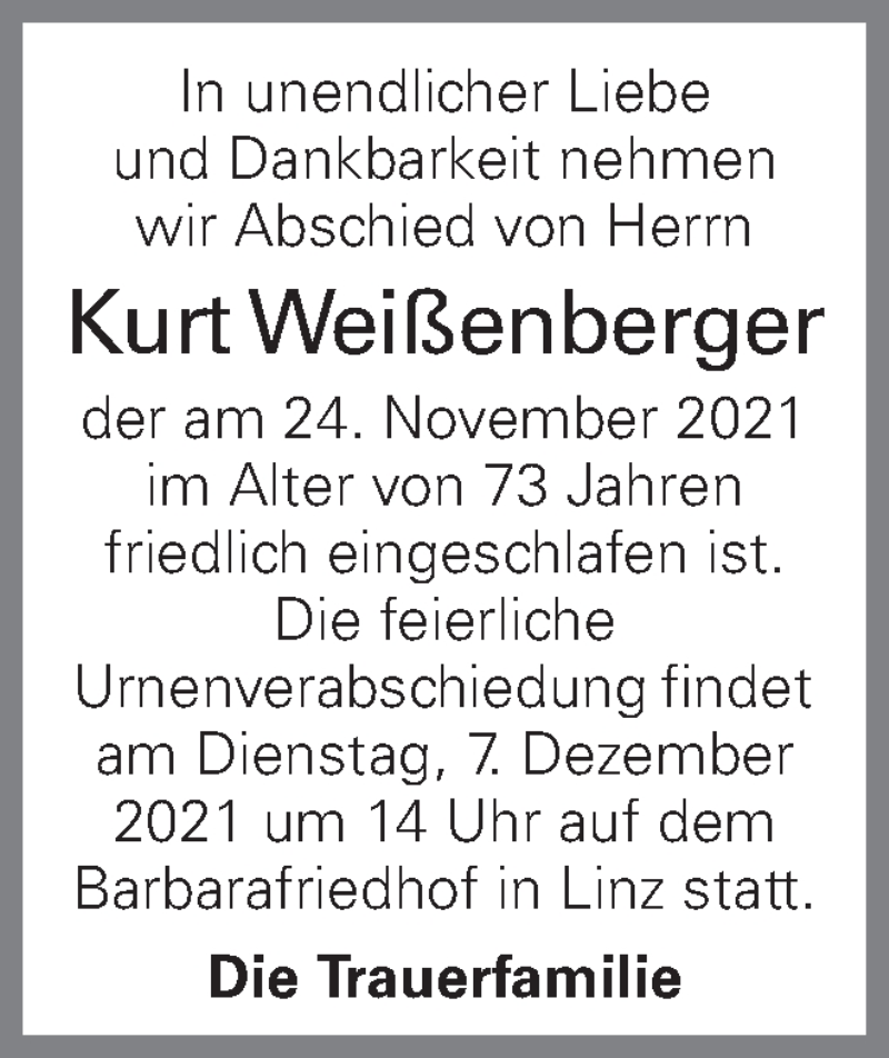  Traueranzeige für Kurt Weißenberger vom 03.12.2021 aus OÖNachrichten