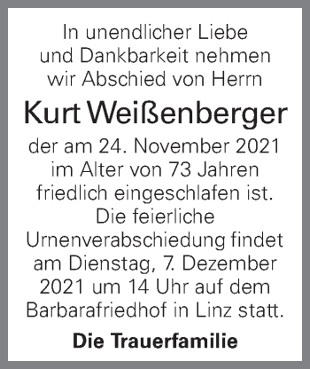Traueranzeige von Kurt Weißenberger von OÖNachrichten