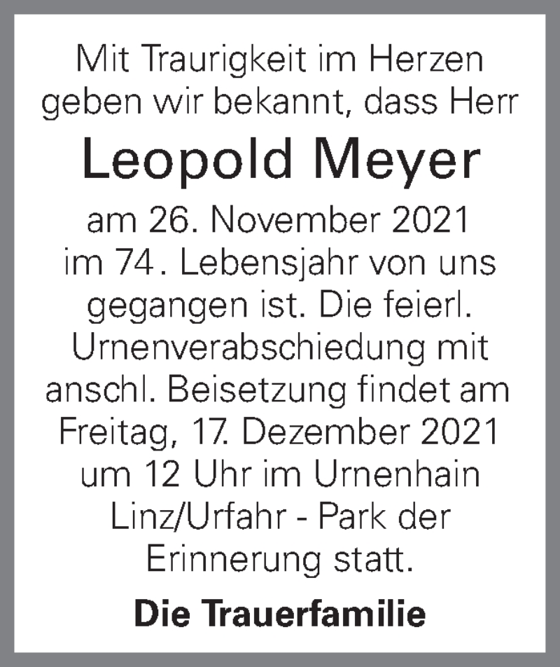  Traueranzeige für Leopold Meyer vom 14.12.2021 aus OÖNachrichten