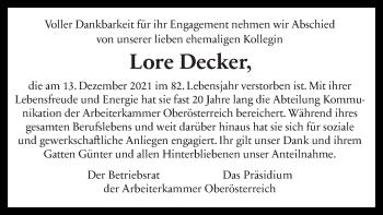 Traueranzeige von Lore Decker von OÖNachrichten