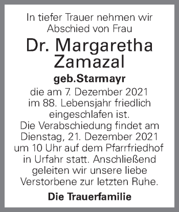 Traueranzeige von Margaretha Zamazal von OÖNachrichten