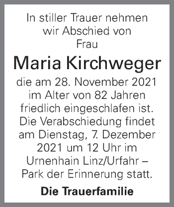Traueranzeige von Maria Kirchweger von OÖNachrichten