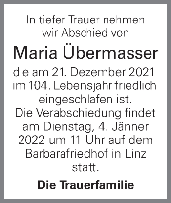 Traueranzeige von Maria Übermasser von OÖNachrichten