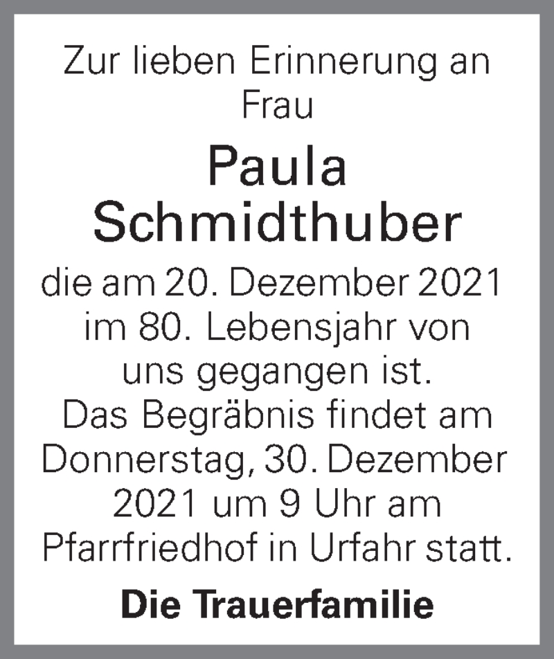  Traueranzeige für Paula Schmidthuber vom 27.12.2021 aus OÖNachrichten