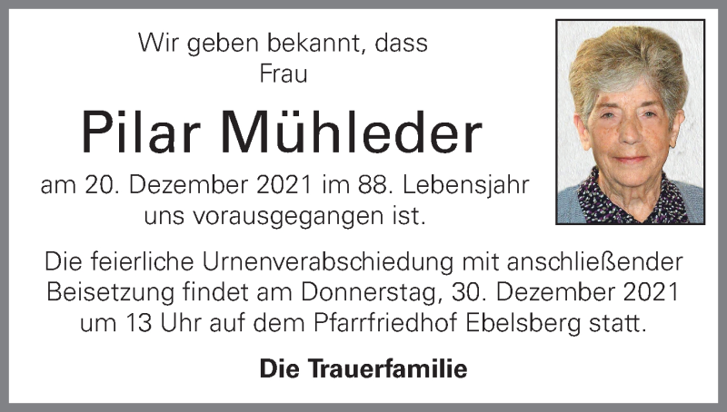  Traueranzeige für Pilar Mühleder vom 24.12.2021 aus OÖNachrichten