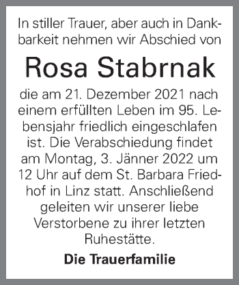 Traueranzeige von Rosa Stabrnak von OÖNachrichten