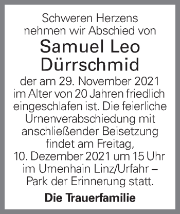 Traueranzeige von Samuel Leo Dürrschmid von OÖNachrichten