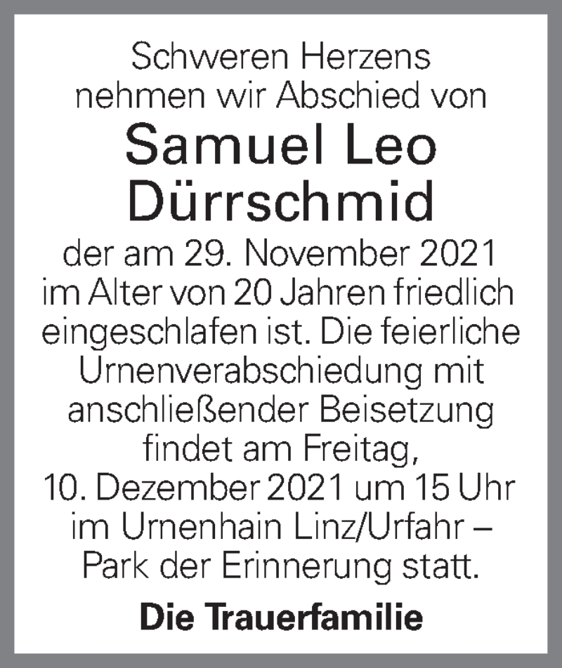  Traueranzeige für Samuel Leo Dürrschmid vom 07.12.2021 aus OÖNachrichten