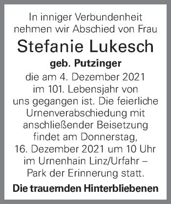 Traueranzeige von Stefanie Lukesch von OÖNachrichten