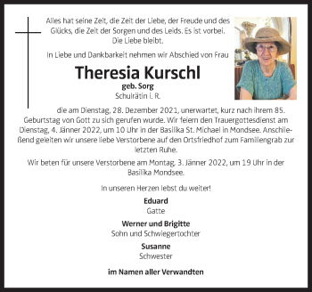 Traueranzeige von Theresia Kurschl von OÖNachrichten