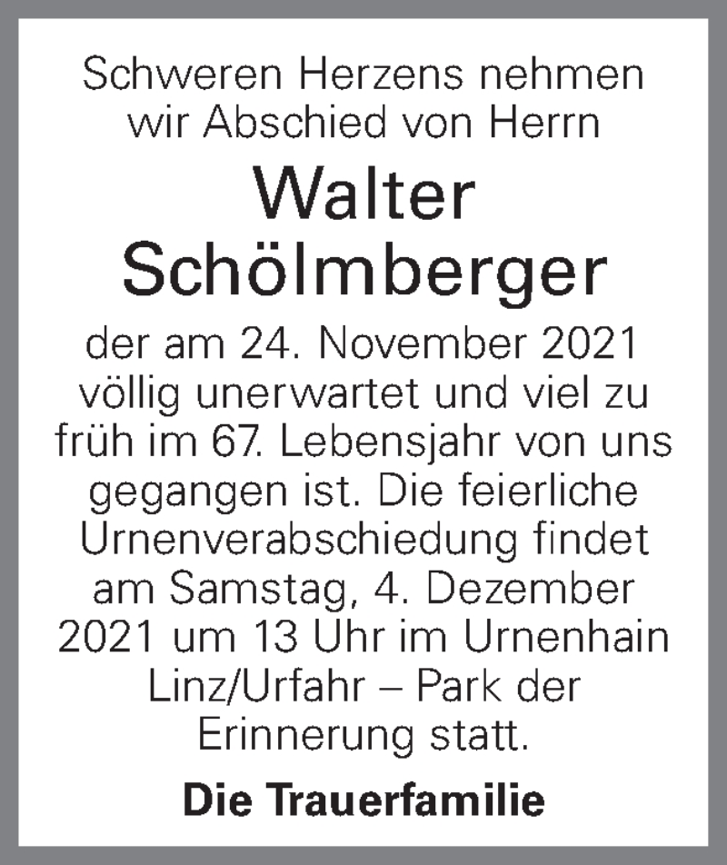  Traueranzeige für Walter Schölmberger vom 02.12.2021 aus OÖNachrichten