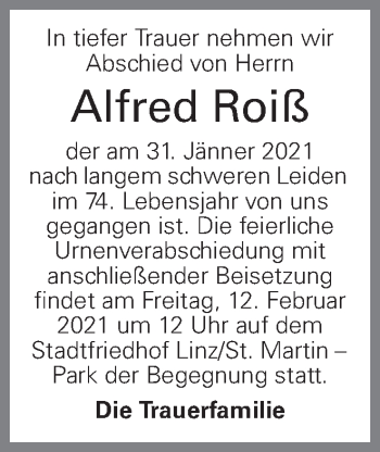 Traueranzeige von Alfred Roiß von OÖNachrichten